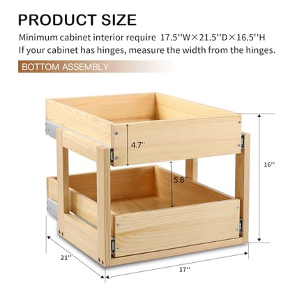 Pull Out Cabinet Organizer, 17''W×21''D×16''H Soft Close Slide Out Wood Drawer Shelves Storage for Kitchen, 2-Tier, Finished, Heavy-Duty, Bottom Assembly - size: 17''W×21''D×16''H