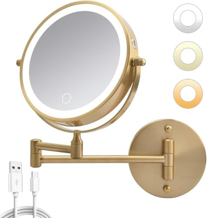Wall Mounted Makeup Mirror with Lights, 8" Rechargeable 1X/10X Magnifying Mirror, 360° Swivel Extendable Arm, 3 Color LED (1, Gold) - color: Gold