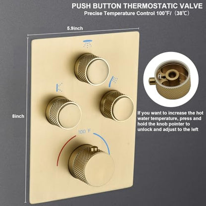 Dual Shower Heads Shower System with 16" Ceiling Mounted Rain Shower Head & 6" Wall Mounted Head Full Body Shower System 3 Way Thermostatic Shower Valve Can All Run Together, Brushed Gold - color: Brushed Gold, style: 16inch+6inch