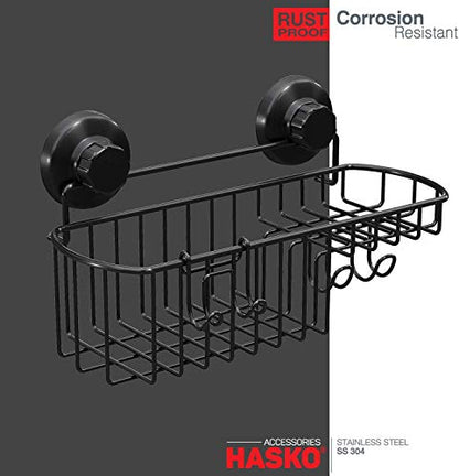 HASKO Shower Caddy Suction Cup, Shower Shelf with Soap Dish and Hooks Organizer, Suction Bathroom Shelf for Storage, Wall Mounted Basket, Black - color: Black (1 Pack)