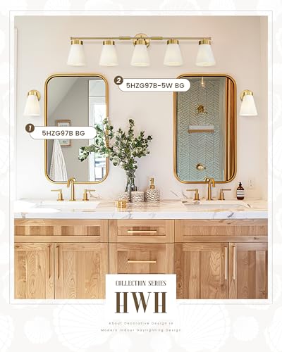 Bathroom Light Fixture, HWH 5-Light Bathroom Vanity Light Brushed Gold Vanity Lighting Over Mirror, Modern Vanity Lights with Frosted White Striped Glass, 5HZG97B-5W BG - color: Brushed Gold, size: 5-Light