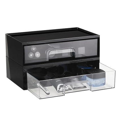 Vtopmart Black Stackable Storage Drawers, 2 Pack Wide Organizers | Pull-Out Drawers, Stackable Design for Makeup Palettes, Cosmetics, Beauty Supplies, Vanity, Cabinet and Desk - style: 2pack Wide Black