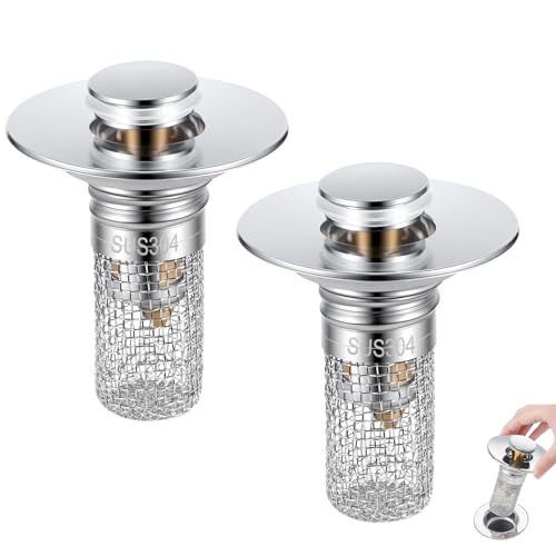 Bathroom Sink Drain Strainer, Pop-up Sink Stopper Hair Catcher with Removable 304 Stainless Steel Strainer Basket Hair Catcher, Bathroom Sink Strainer for Bathroom Sink Stopper Replacement, 2 PCS