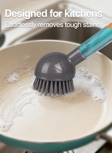 Soap Dispensing Dish Brush with Handle, 360° Rotating Head, 5-Piece Kitchen Cleaning Set (2 Brush Heads & 3 Sponges), Non-Scratch Scrubber for Pot, Pan, Sink, Leak-Proof Dishwand, Grey - color: Gray