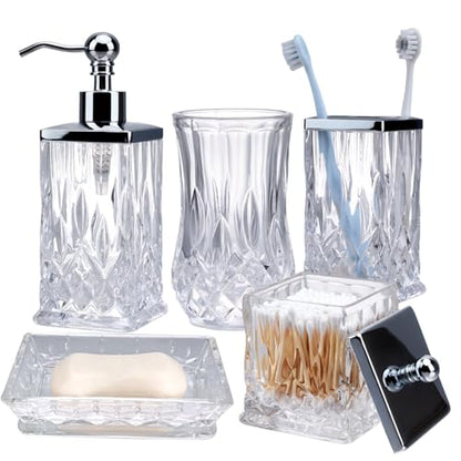Clear Bathroom Accessories, Square Thick Glass & Metal Pump | Beautiful & weight, 5 pcs soap dispenser, toothbrush holder, soap dish, tumbler & jar, for mission/amish style - style: Square(Clear)