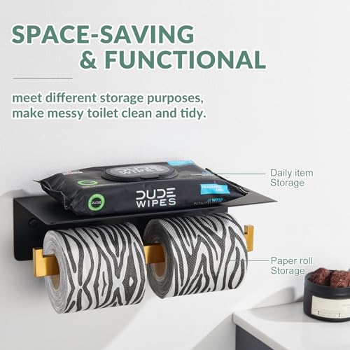 Double Toilet Paper Holder with Phone Shelf, 304 Stainless Steel Bathroom Tissue Hanger, Wall Mounted Dual Roll Paper Dispenser, Black & Gold - color: Black With Gold, size: Double Rod