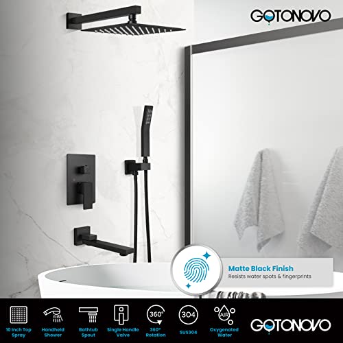 gotonovo Tub Shower Faucet Set with Valve Kit 10’’ Head,Matte Black | Shower System with Tub Spout,SUS304 Rain Head with Handheld Sprayer,Swivel Spout,All Metal,Rough-In Valve Trim Kit,Wall Mount - color: Black, size: 10’’ Head