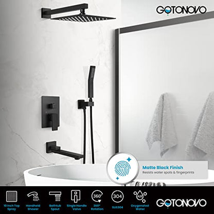 gotonovo Tub Shower Faucet Set with Valve Kit 10’’ Head,Matte Black | Shower System with Tub Spout,SUS304 Rain Head with Handheld Sprayer,Swivel Spout,All Metal,Rough-In Valve Trim Kit,Wall Mount - color: Black, size: 10’’ Head