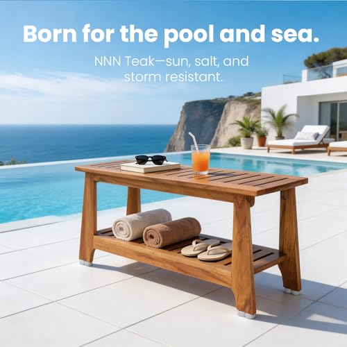 NNN 30" Commercial Heavy Duty Teak Shower Bench, Patented, Non-Slip Stable | with 8 Japan-Made Non-Slip Leveling Feet, Mortise-Tenon Legs 350lb, Pre-Oiled European Teak Oil, Marine-Grade Hardware - size: 30"W x 14" Dx 18"H