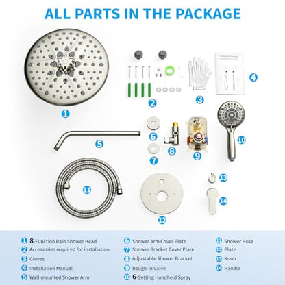 EMBATHER 10'' Shower System with Handheld Trim Kit, Brushed Nickel | 2-IN-1 Shower Faucet Set, 8-Mode Shower Head, 6-Setting Handheld Spray, Pressure-balanced Valve & Trim Kit - color: Brushed Nickel, size: 10 Inch