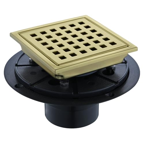 Square Shower Drain 4-Inch with ABS Flange, Brushed Gold, Removable Grille,Bathroom Stainless Steel Shower Floor Drain - color: 4-inch Brushed Gold