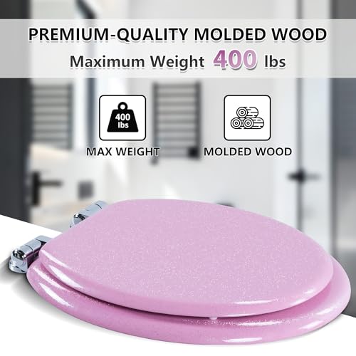 Angol Shiold Glitter Toilet Seat, Slow Close (Round, Pink) | Molded Wood Round Toilet Seat, Quiet Close, Quick Release Hinges, Easy to Install and Clean - color: Pink, size: Round 16.5‘’