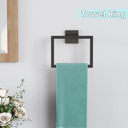 5-Pieces Matte Black Bathroom Hardware Accessories Set, 24 Inch Stainless Steel Towel Racks for Bathroom, Towel Bar Set Towel Ring Coat Hook and Toilet Paper Holder with Shelf Wall Mounted - color: Black
