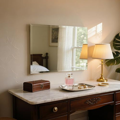 Rectangular Beveled Bathroom Mirrors, 28X48 inch Beveled Bathroom Mirror， | Frameless Mirrors for Bathroom,bedroom/wall/makeup area/cloakroom, hung horizontally or vertically. - size: 28"L x 48"W
