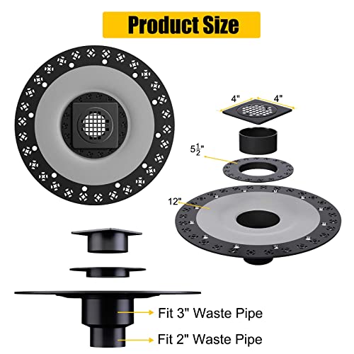 Shower Drain Kit 4 Inch Stainless Steel Grate with Vertical 2 Inch ABS Flange for Schluter Systems Kerdi Drain - Matte Black | 4 Inch Square Shower Drains Compatible with Schluter Drains, Vertical ABS Shower Flange for Schluter-Kerdi System - color: Matte