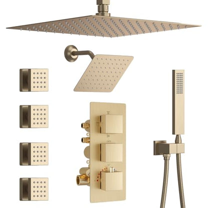 Thermosttic Shower Faucet Set Brushed Gold Shower System with 12 and 8 inch Rain Shower Head, 4 Body Jets, Handheld Spray - color: Brushed Gold, size: 12+8" Ceiling Shower