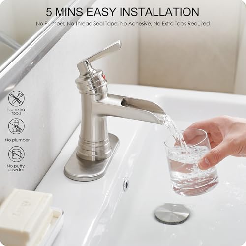 Brass Brushed Nickel Bathroom Faucet 3 Hole 4 Inch Waterfall Bathroom Faucet Single Hole, 1 Handle with Pop-up Drain, Deck Plate, cUPC Supply Pipes for Vanity, Restroom, 5 Mins Quick Install - color: Brushed Nickel
