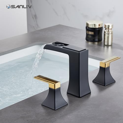 Two-Tone Black and Gold Bathroom Faucet, Sanliv 2-Handle Widespread Bathroom Faucet for 3-Hole Sinks 4-8 Inch, 3-Piece Waterfall Vanity Faucets with Pop-Up Drain, Black and Gold - color: Black and Gold