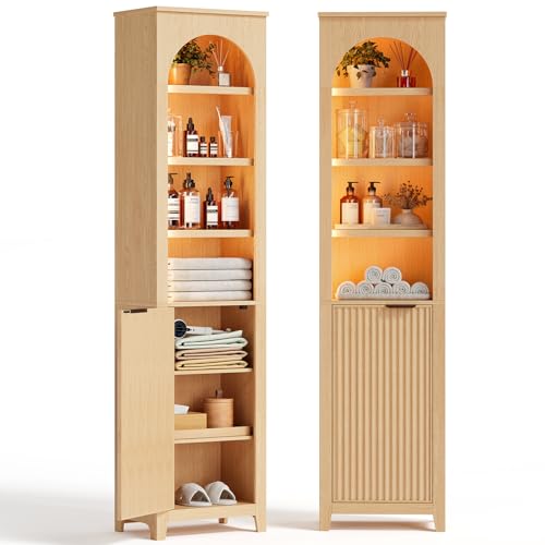 71'' Tall Bathroom Storage Cabinet with Light, 7-Tier Freestanding Narrow Bathroom Cabinet with Adjustable Shelf, Fluted Slim Storage Cabinet for Small Spaces, Bathroom, Living Room, Oak