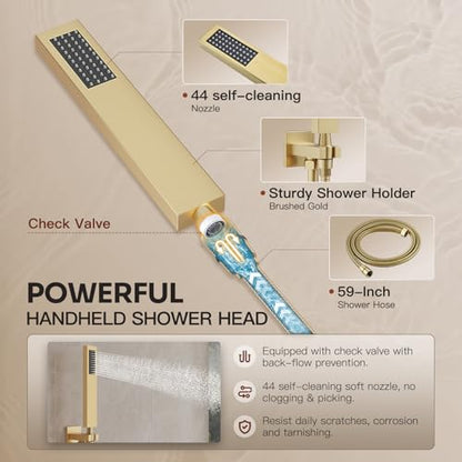 Gold Shower System, All Metal Dual Rain Shower Head with Handheld | 3-In-1 Push Button Valve and Trim Kit, Brushed Gold SUS304 10" Ceiling & 8" Wall Mount Heads, Bathroom Shower Faucet Set - color: Brushed Gold