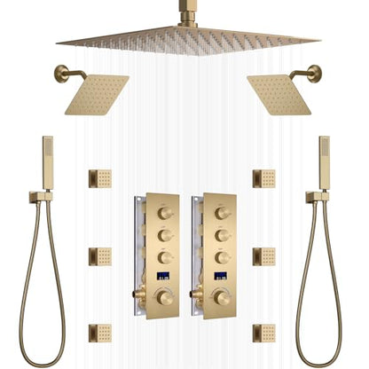 Dual Shower Mixer 6 Way Full Body Shower Head System Rain 12+8+8 Inch With Wall Mount 6 Pcs Jets 2 Handheld Shower Diverter Valve Digital Display Fauct Set,Brushed gold - color: Brushed gold