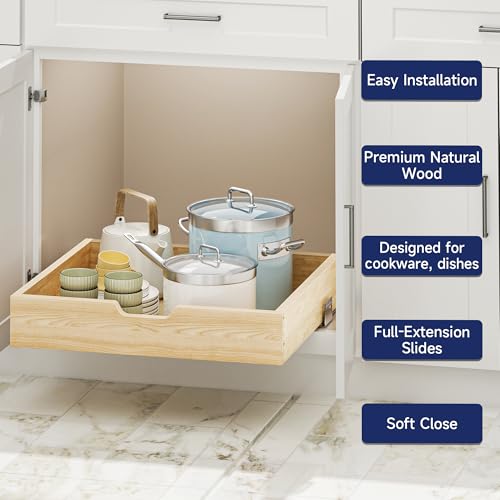 Pull Out Cabinet Organizer, 22.5 in W x 21 in D Solid Wood Slide Out Drawer, Soft Close Sliding Shelf, Bottom or Side Mount for Kitchen Pantry Bathroom, Fits 23.5 in Cabinet Opening - size: 22½” W × 4"H x 21” D