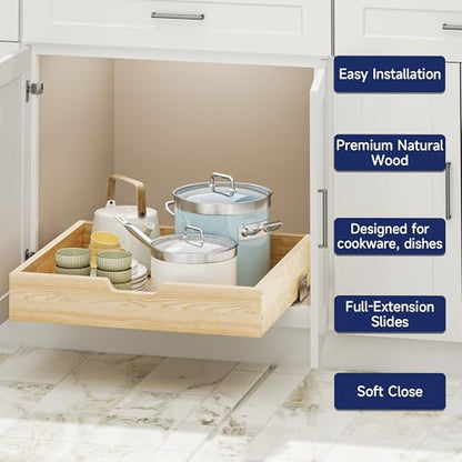 Pull Out Cabinet Organizer, 22.5 in W x 21 in D Solid Wood Slide Out Drawer, Soft Close Sliding Shelf, Bottom or Side Mount for Kitchen Pantry Bathroom, Fits 23.5 in Cabinet Opening - size: 22½” W × 4"H x 21” D