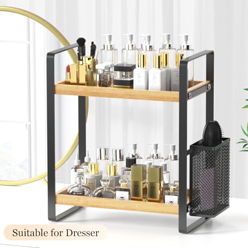 2-Tier Wood Bathroom Counter Organizer with Basket,Waterproof Vanity Perfume Skincare Storage for Bathroom, Kitchen, Dresser - color: Light Brown