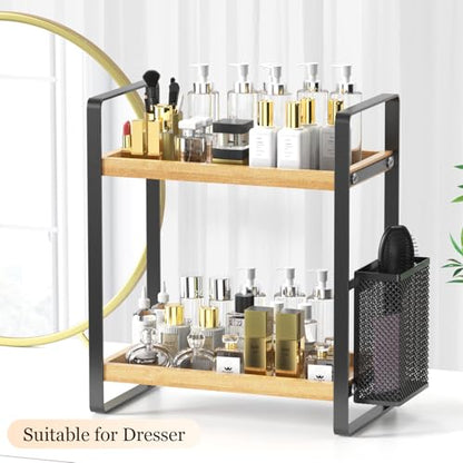 2-Tier Wood Bathroom Counter Organizer with Basket,Waterproof Vanity Perfume Skincare Storage for Bathroom, Kitchen, Dresser - color: Light Brown
