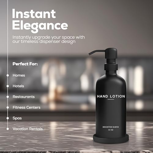 Black Glass Lotion Dispenser with Pump by Brighter Barns - Hand Lotion Dispenser Bathroom Set & Tray - Modern Bathroom Decor in Airbnb, Apartment Rental Properties, Guest House, Hotel Lobby (Black) - color: Black L