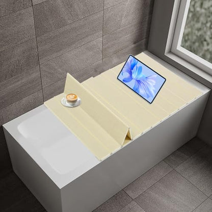 71x31.5in Bathtub Tray, Foldable Bathtub Cover Bath Insulation Cover, PVC Dustproof Shutter Bath Lid Cover Fit Most Tubs, Can Hold Wine Glass, Books, Tablets, Cellphones,Wood Grain - color: Wood Grain, size: 71x31.5in