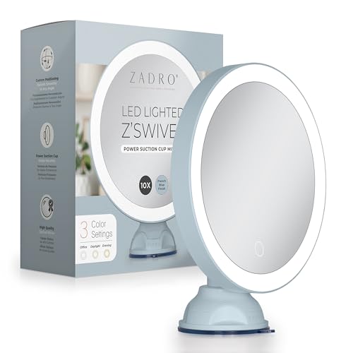 Zadro Zado 8.25-Inch x 6.9-Inch Round LED Lighted Wall Mounted Suction Cup Makeup Mirror with 10X Magnification and Touch Controls (French Blue) - color: French Blue