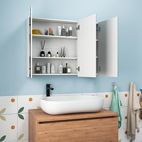 Tangkula Medicine Cabinet with Mirror, Frameless Bathroom Wall Mounted Cabinet with 3 Doors and Adjustable Shelves, Storage, Recess or Surface Mount Installation