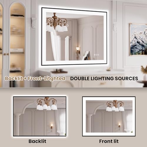 LOAAO 40"X30" LED Bathroom Mirror Black Framed | Anti-Fog, Dimmable, Memory Function, Tempered Glass, Lighted Vanity Mirror for Wall - size: 40"L x 30"W