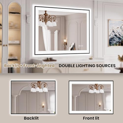 LOAAO 40"X30" LED Bathroom Mirror Black Framed | Anti-Fog, Dimmable, Memory Function, Tempered Glass, Lighted Vanity Mirror for Wall - size: 40"L x 30"W