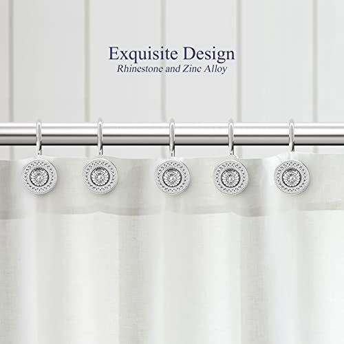 Silver Shower Curtain Hooks, Rust Proof Shower Curtain Rings for Bathroom, Metal Decorative Shower Curtain Hooks Hangers for Shower Curtain Rod, Shower Hooks for Shower Curtain Set of 12 Chrome | Zinc alloy & acrylic rhinestone design; 4mm thick wire hold