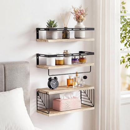 Fixwal Wall Mounted Bathroom Shelves Over Toilet (3+1 Light Brown) | Wall Shelf with Basket Storage , Towel Bar, Solid Wood, 22Lb Capacity, Easy DIY Install - color: 1-rustic Brown