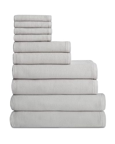 Cozy Earth Complete Waffle Bath Bundle, 60% Cotton 40% Viscose from Bamboo | Quick Dry and Ultra-Soft Waffle Weave Bath Towels, 4 Washcloths, 2 Hand Towels, 2 Bath Towels, 2 Bath Sheets, Light Grey - color: Light Grey