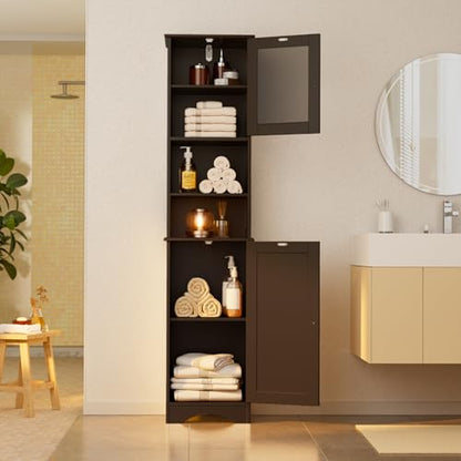 Gizoon Tall Bathroom Storage Cabinet | Freestanding Linen Cabinet with Two-Way Doors, Adjustable Shelves, for Home, Kitchen, Living Room, Dark Brown - color: Dark Brown