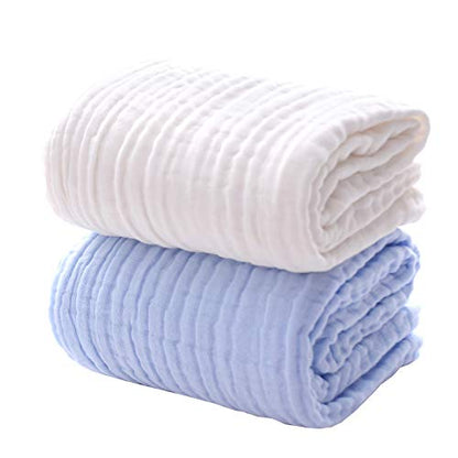 Baby Bath Towels, Super Soft Cotton Receiving Blanket for Baby's Delicate Skin,2Pack Swaddle Blanket for Newborns Toddlers Boy Girl,Baby Registry as Shower (White+Blue) - color: White+blue