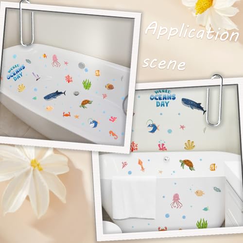 6 Pages Bathtub Sea Stickers Bulk Non Slip Bathtub Stickers with Scraper Plastic Adhesive Ocean Animal Conch Pattern Slippery Floor Decal for Shower and Bath Tub Home Decorations Gift Adult - style: Marine Animal 3
