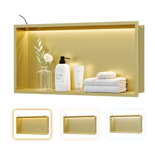 24"x12" Gold LED Shower Niche,3 CCT Dimmable Light, No Tile Needed | 304 Stainless Steel Bathroom Niche w/ Light(3000K/4000K/6000K), IP66 Waterproof, Space Saving & Durable ,LED Driver Included - color: Brass Gold, size: 24X12In