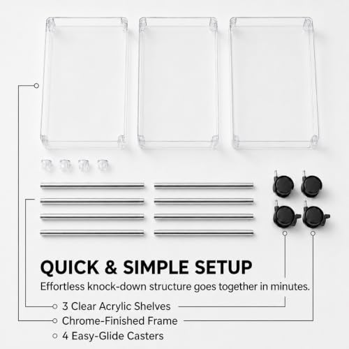 American Dream Acrylic 3-Tier Rolling Cart with Wheels, Chrome & Clear Utility Storage Trolley, Mobile Organizer for Kitchen, Bathroom & Office - size: Large