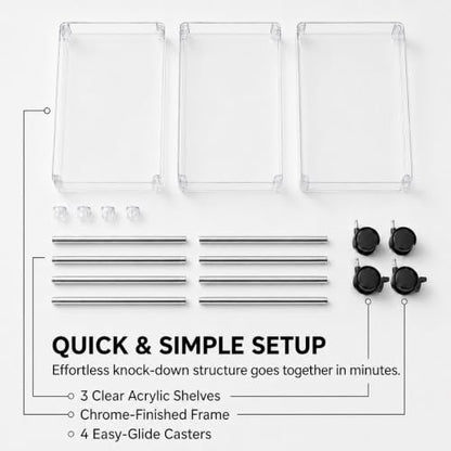 American Dream Acrylic 3-Tier Rolling Cart with Wheels, Chrome & Clear Utility Storage Trolley, Mobile Organizer for Kitchen, Bathroom & Office - size: Large