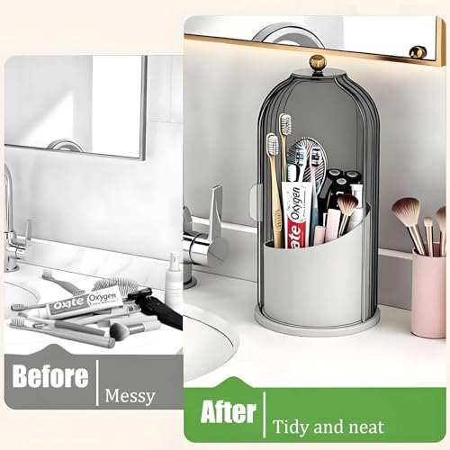 JEESA Dustproof Toothbrush Holder with Cover, Grey/White | 360° Rotating, 180° Sliding Lid, 3 Slots, Toothbrush Organizer, for Bathroom Countertop - color: Grey/White