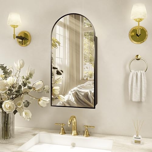 Arched Medicine Cabinet with Mirror,Vanity Mirror with Storage,Wall Mounted Medicine Cabinet with Adjustable Shelves, Reversible Door & HD Mirror,15.7x29.5 inch,Not Recessed,Black - color: Black, size: 30"L x 16"W