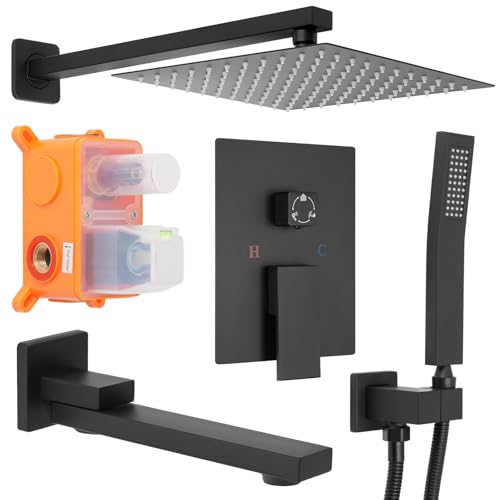 12 inch Square Shower Head and Handheld Set, Gasecoet Shower System with Tub Spout Wall Mounted Shower Faucet for Bathroom - Matte Black (With Shower Valve) - color: Matte Black, style: 3 Setting-12in