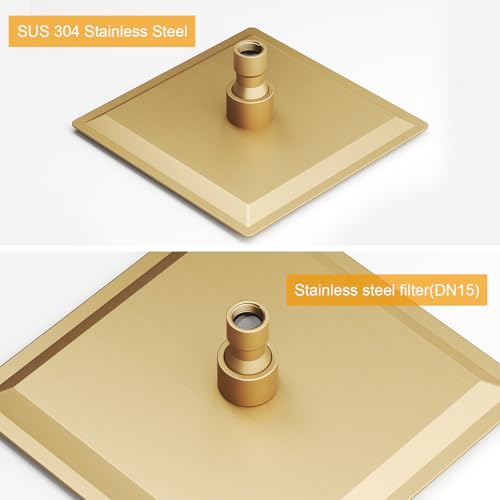 8 In Rain Shower Head High Pressure Rainfall Shower Head Brushed Gold | Square Rain Bathroom Showerhead, High Flow, Large Stainless Steel, Ceiling Mounted, Wall Mounted, Waterfall Full Body - color: Brushed Gold, size: 8 Inch