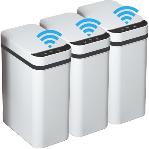 3 PACK - Bathroom Garbage Can with a Lid - 2.5 Gallon Automatic Trash Cans | Bedroom, Office - Small Smart Trash Can Touchless - Plastic, Narrow, Auto Open - Motion Sensor Trash can Bathroom ( White ) - color: White