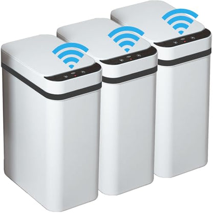 3 PACK - Bathroom Garbage Can with a Lid - 2.5 Gallon Automatic Trash Cans | Bedroom, Office - Small Smart Trash Can Touchless - Plastic, Narrow, Auto Open - Motion Sensor Trash can Bathroom ( White ) - color: White